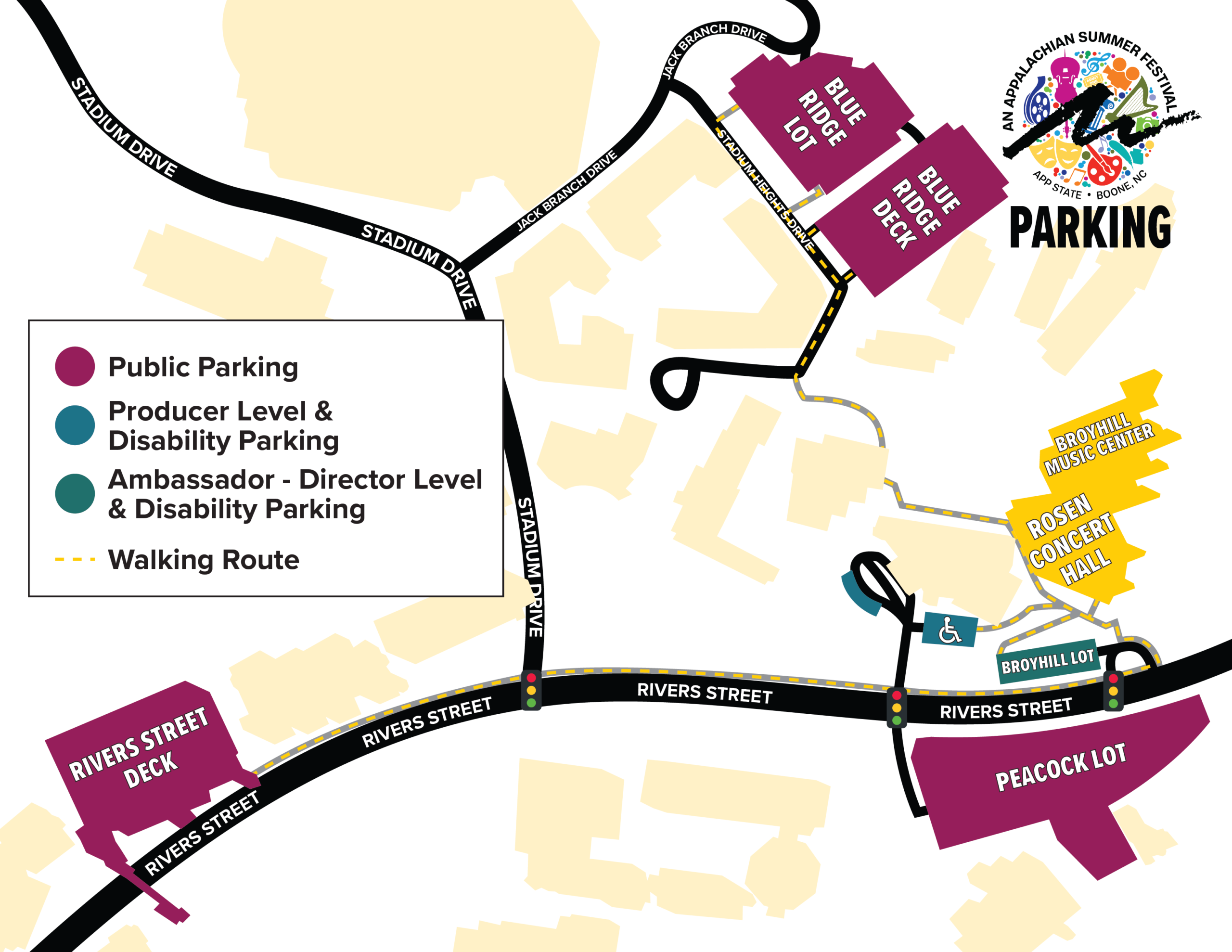 Parking map for events at Rosen Concert Hall