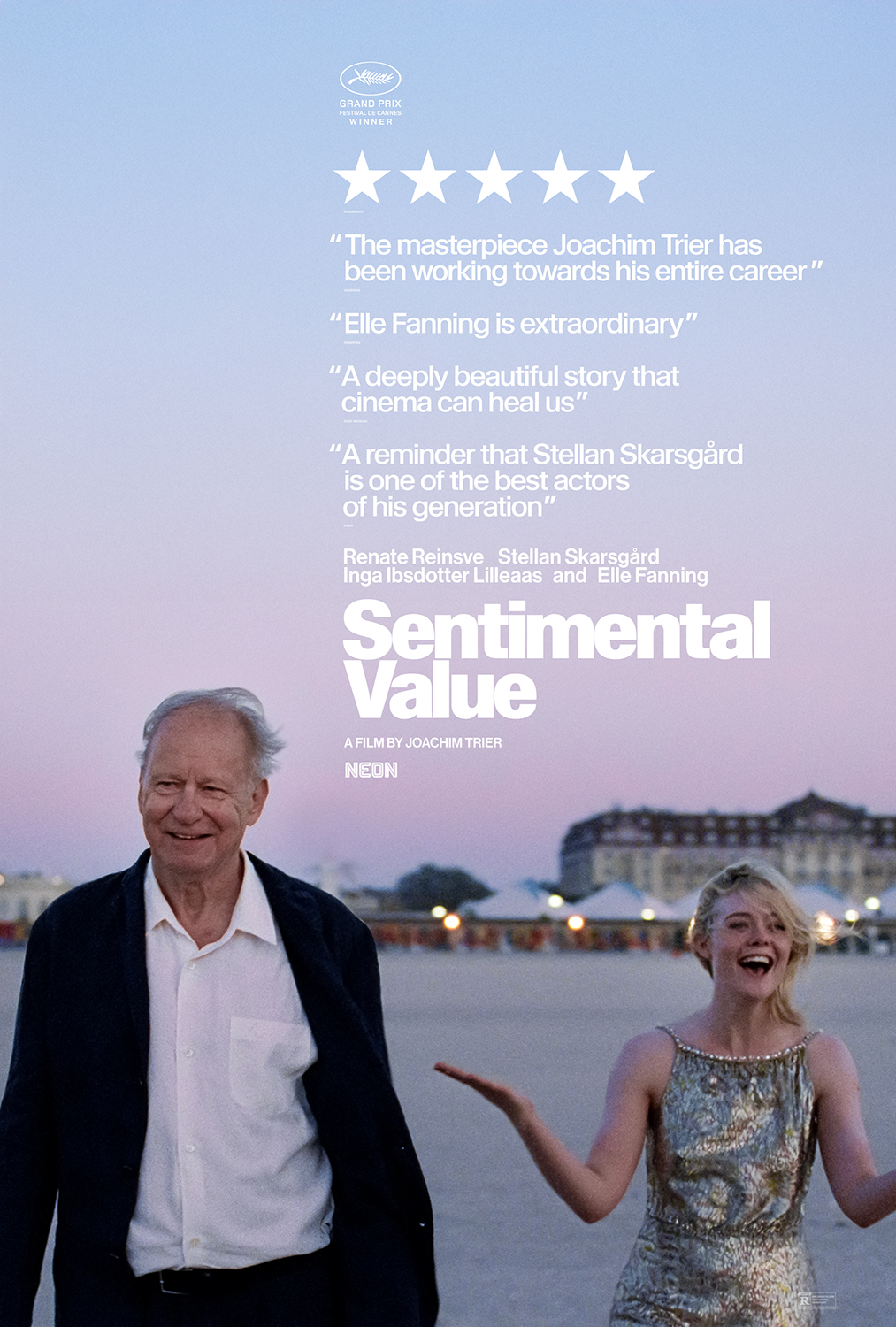 Sentimental Value official movie poster featuring Stellan Skarsgård and Elle Fanning
